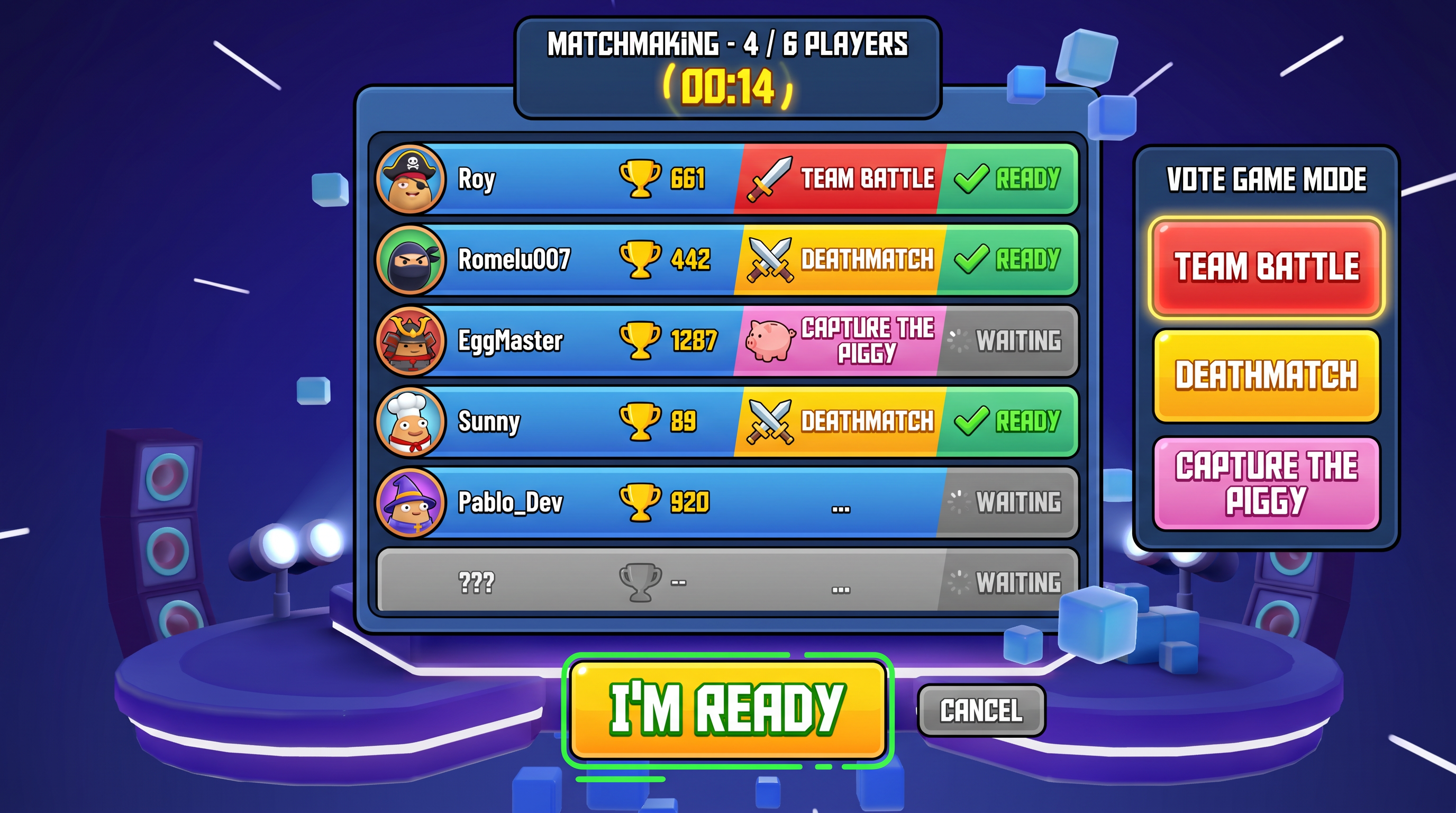 Pantalla de matchmaking con votación y ready